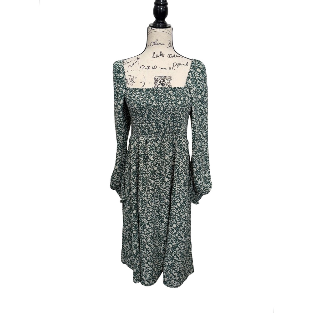O.P.T. Womens Green Floral Smocked Midi Dress XL‎ Puff Sleeve Square Neck Boho